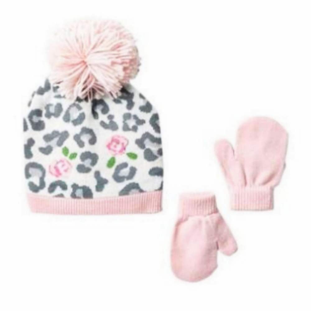 2FOR$30 - Little Me Floral Leopard Knit Hat & Mitten Set